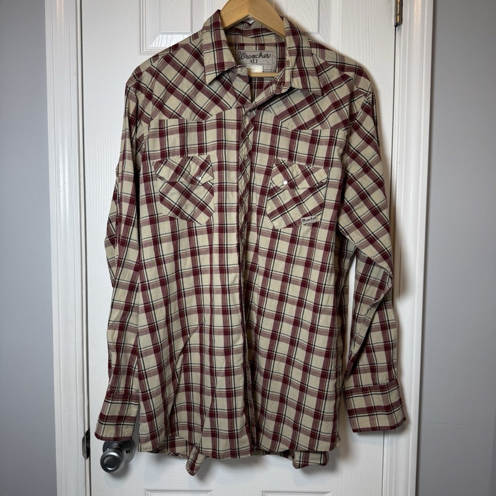 Wrangler Western Wear‎ Pearl Snaps Brown Red Plaid Print - Mens Shirt Size XLT